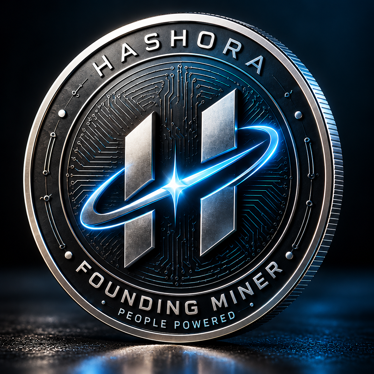 Hashora Founding Miner silver and electric-blue emblem