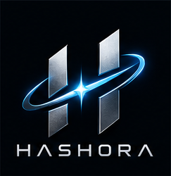 Hashora silver and electric blue orbital logo